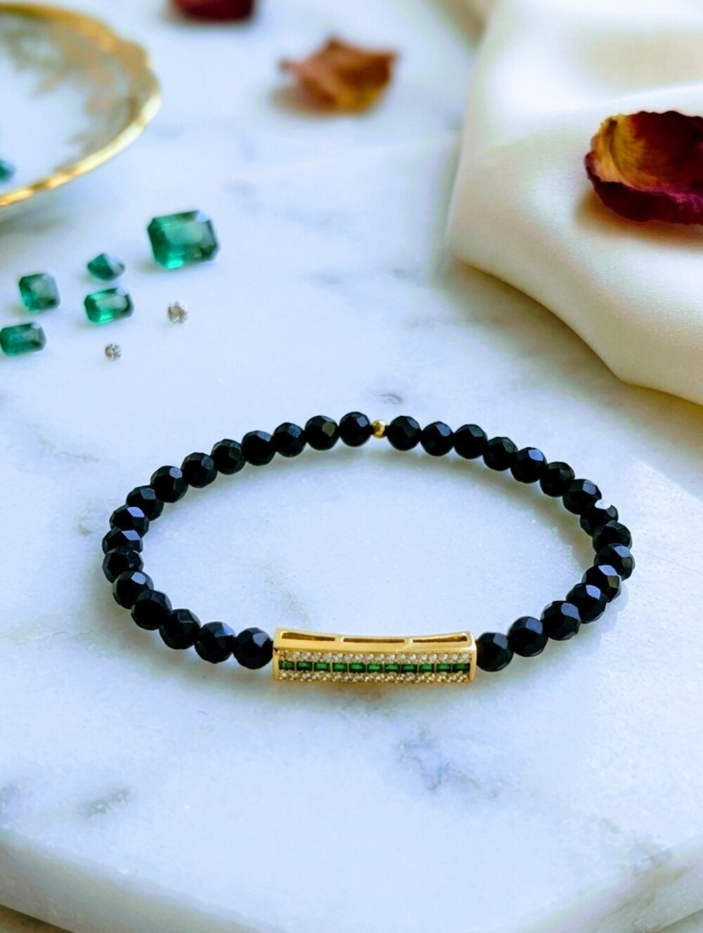 Black Spinel Bracelet With Cubic Zirconia Accent